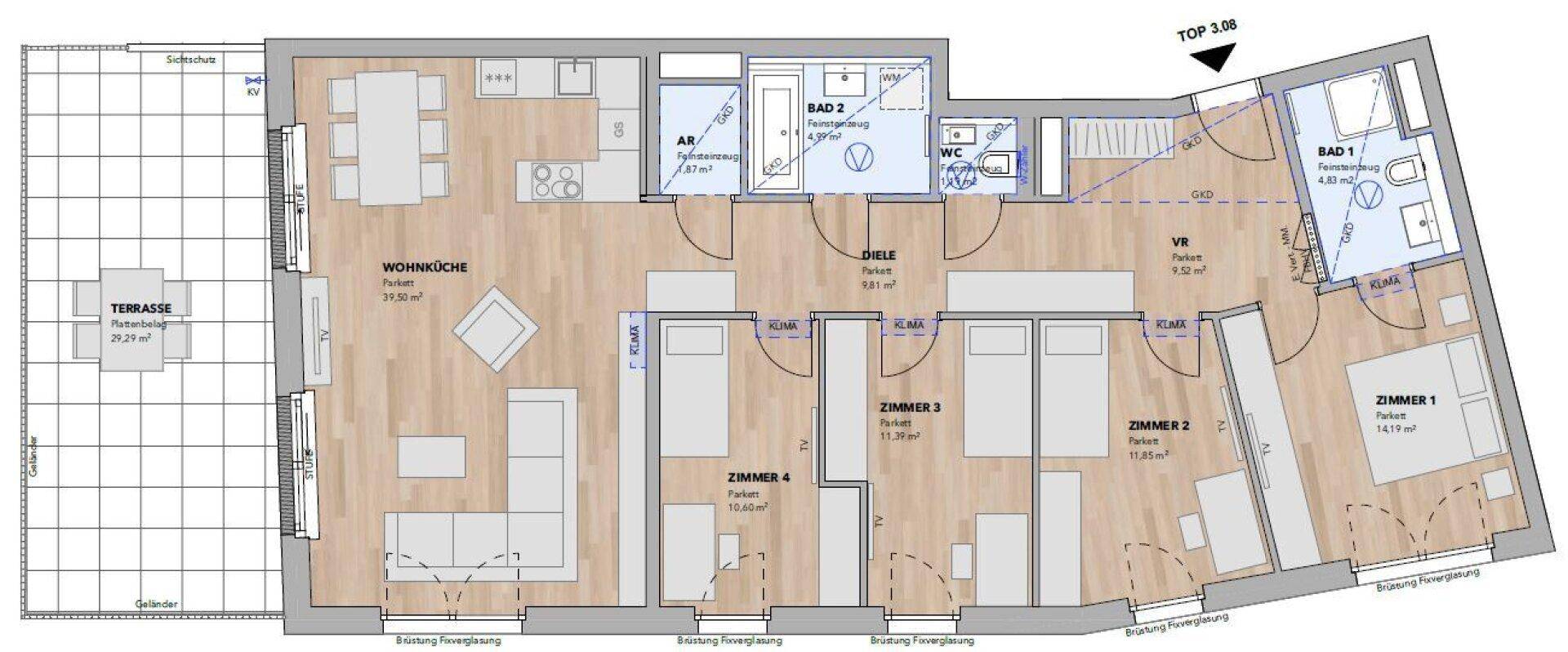 Übersichtlicher Grundriss der Wohnung mit offener Wohnküche, vier Schlafzimmern, zwei Bädern und großer Terrasse.