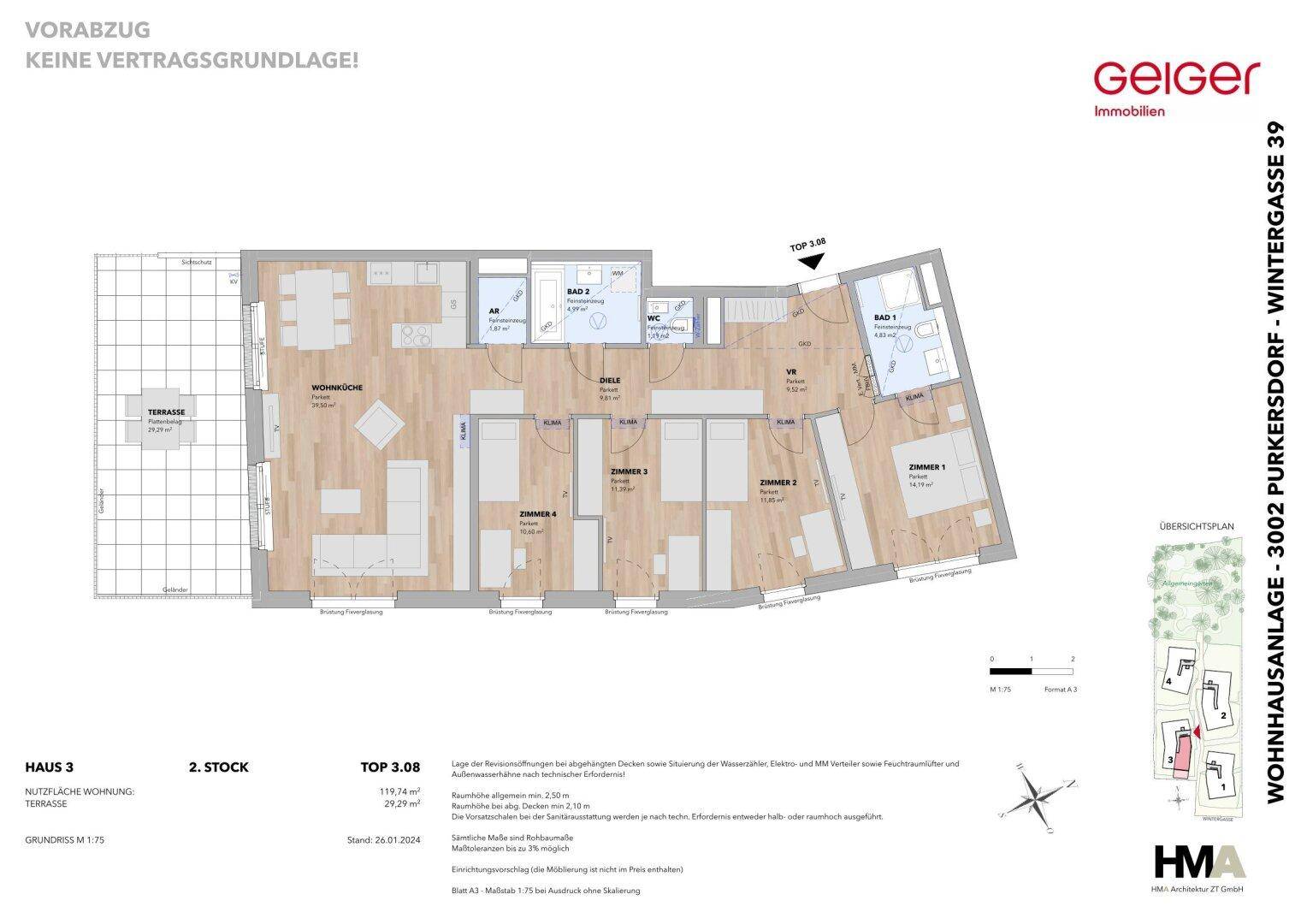 Detaillierter Grundriss der Wohnung TOP 3.08 mit Wohnküche, vier Zimmern, zwei Bädern und Terrasse.