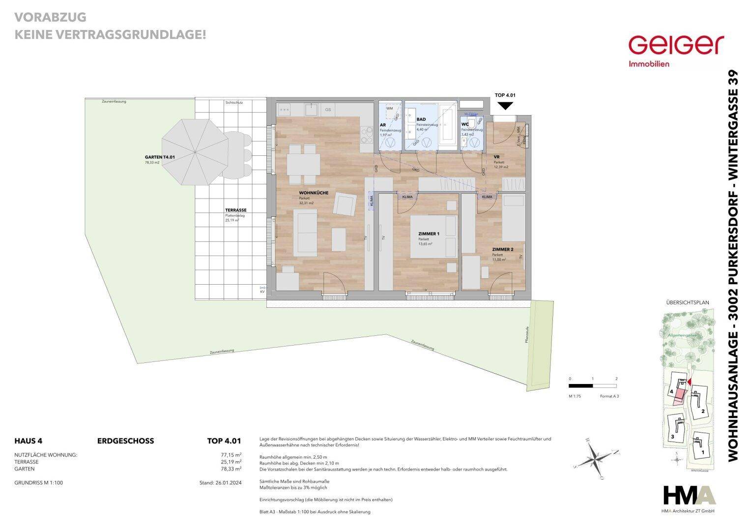 Detaillierter Grundriss einer Erdgeschosswohnung mit Terrasse und Gartenbereich.