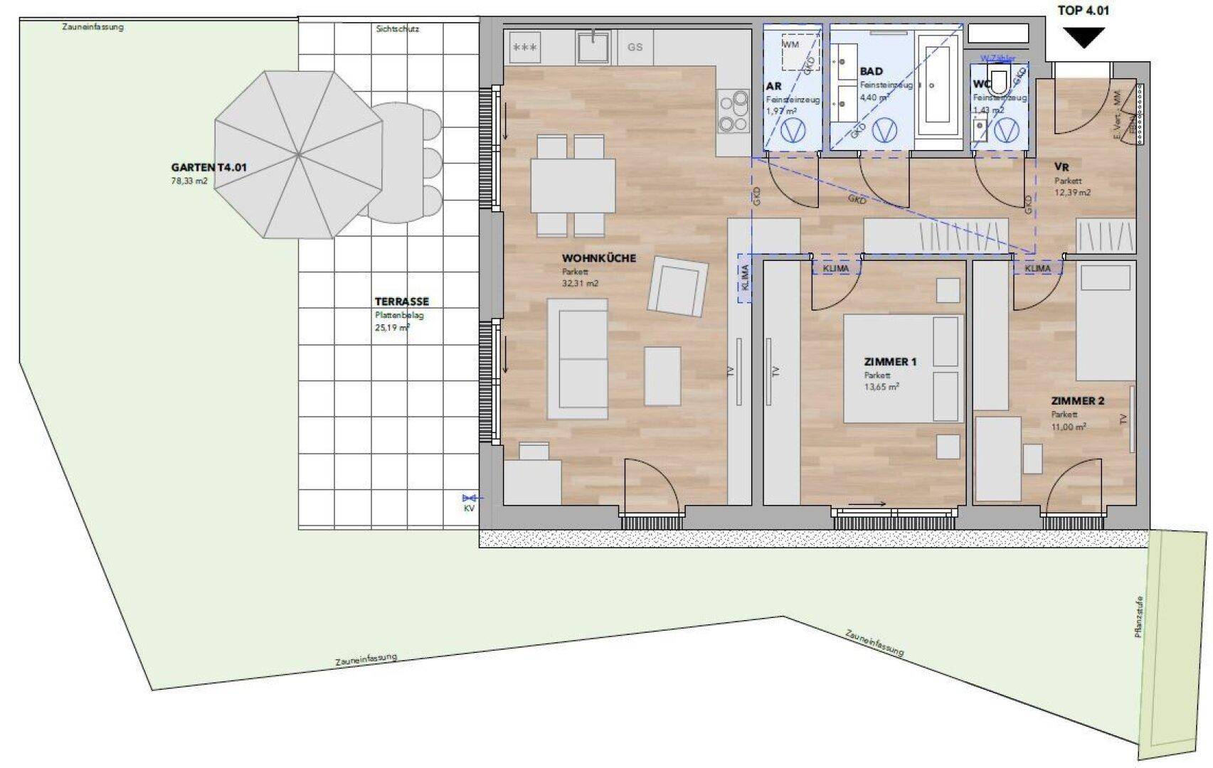 Nahaufnahme des Grundrisses einer Wohnung mit Wohnküche, zwei Zimmern, Bad und Terrasse.