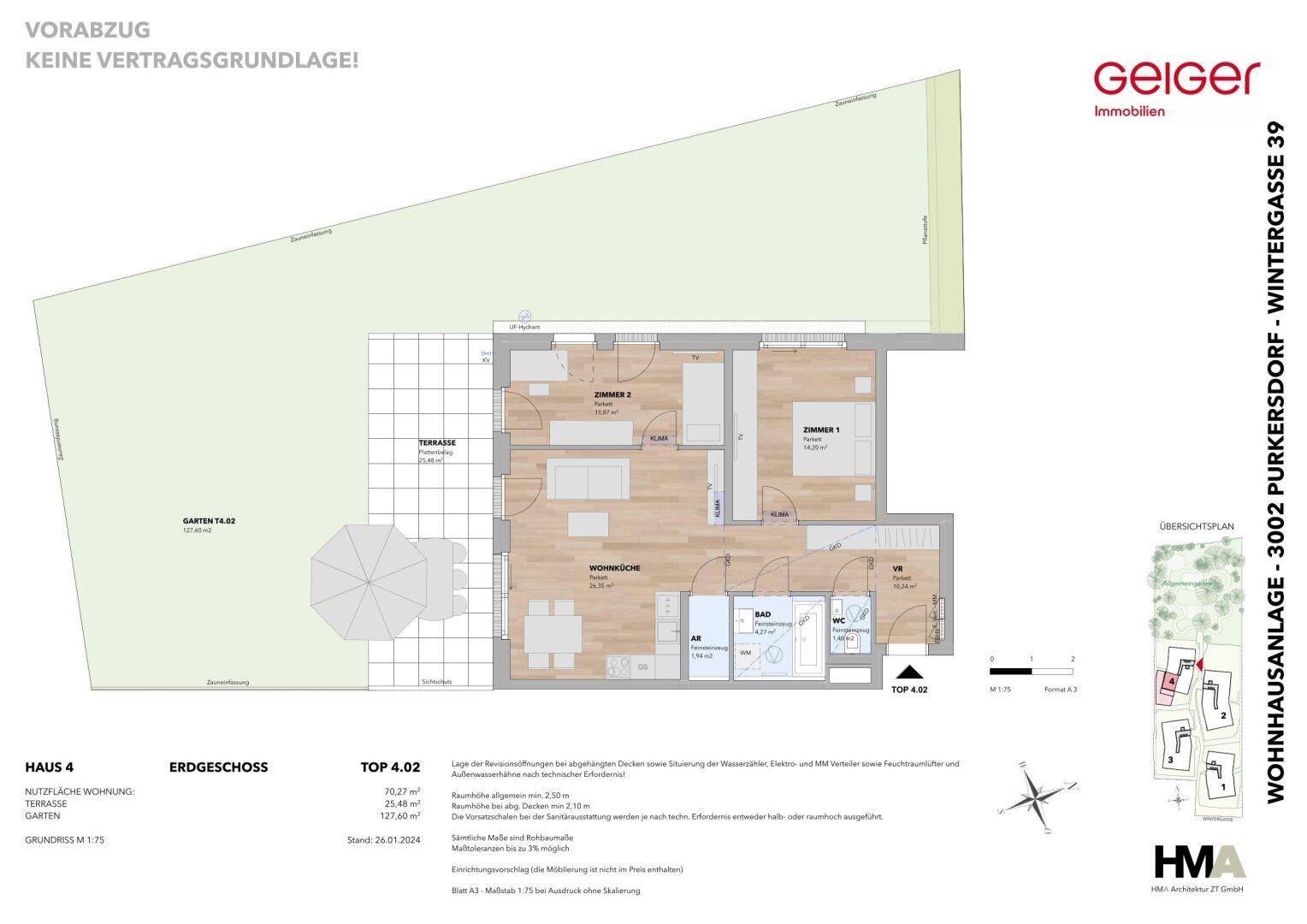 Grundriss des Erdgeschosses mit Wohnküche, zwei Zimmern, Bad und großer Terrasse mit Garten.