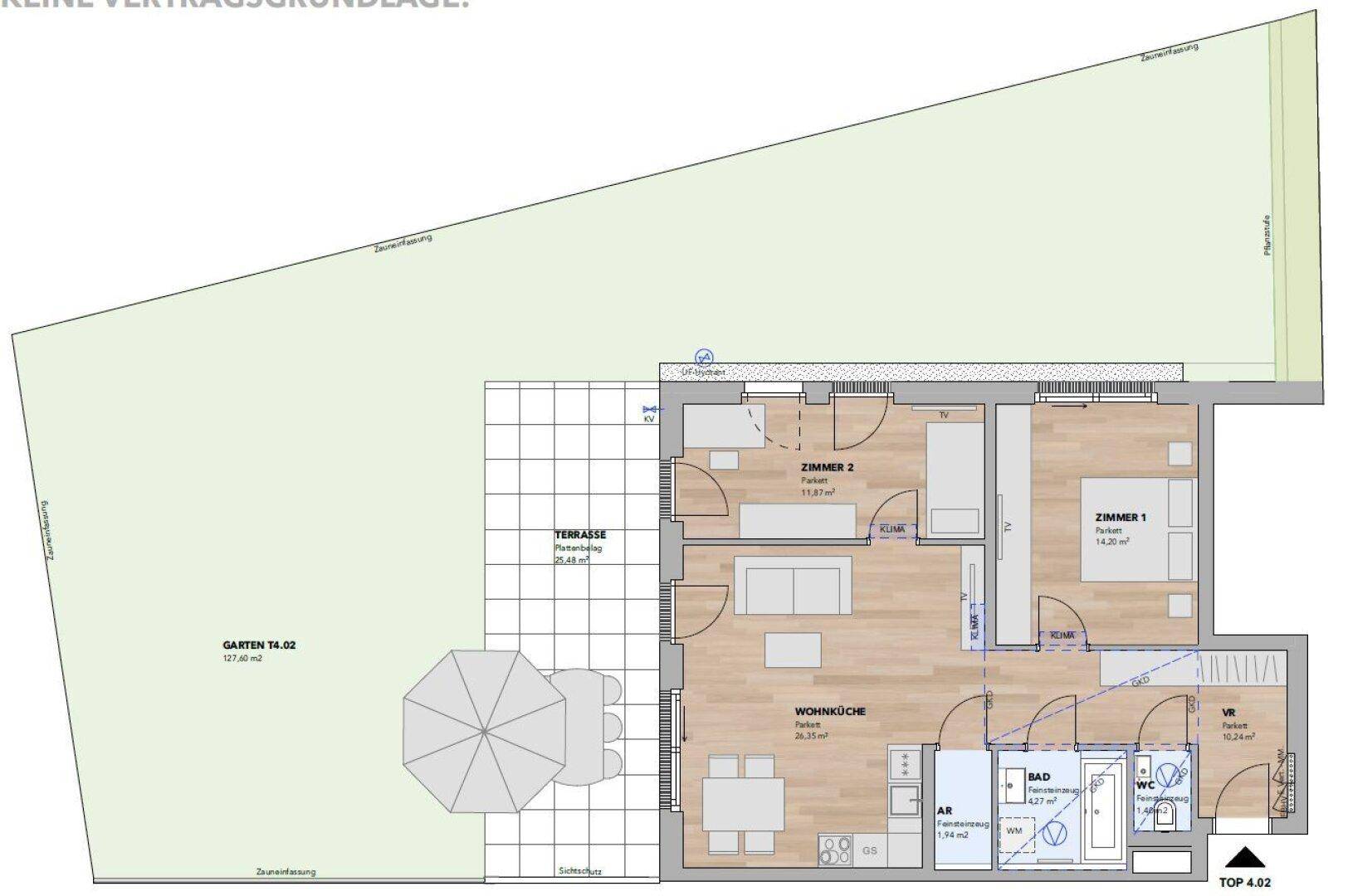 Detaillierter Grundriss des Erdgeschosses mit Wohnküche, zwei Schlafzimmern und großem Gartenbereich.