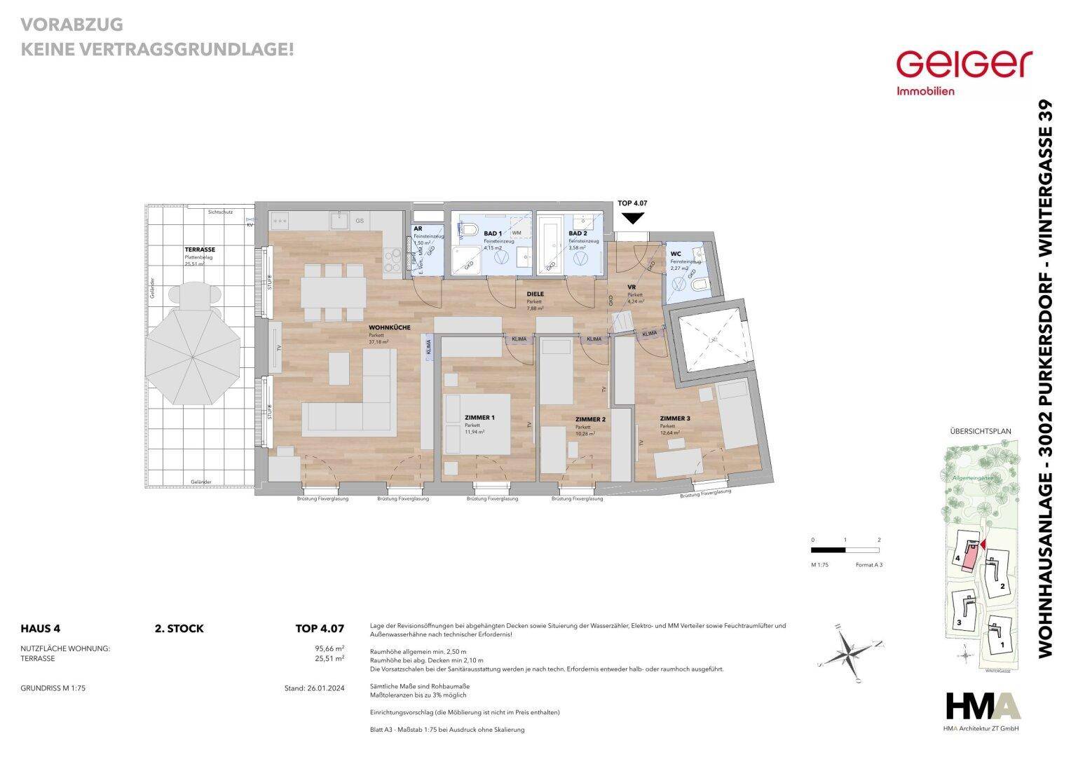 Detaillierter Grundriss einer Wohnung mit Terrasse, drei Zimmern und zwei Bädern.
