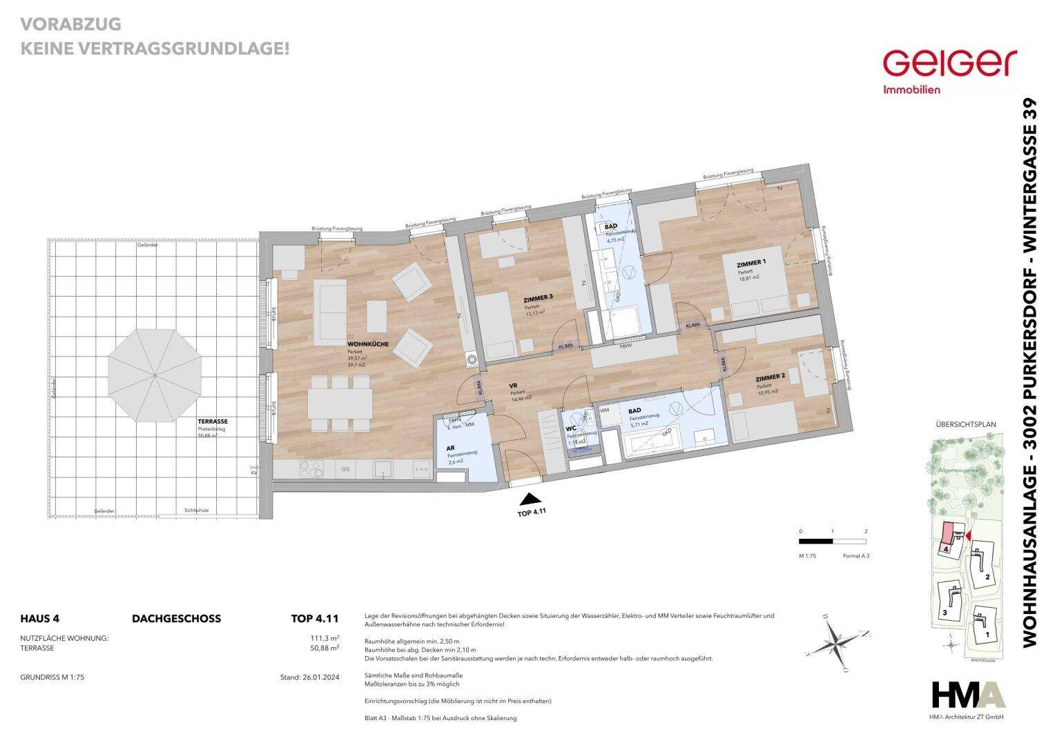 Detaillierter Grundriss der Dachgeschosswohnung mit Terrasse und drei Zimmern.