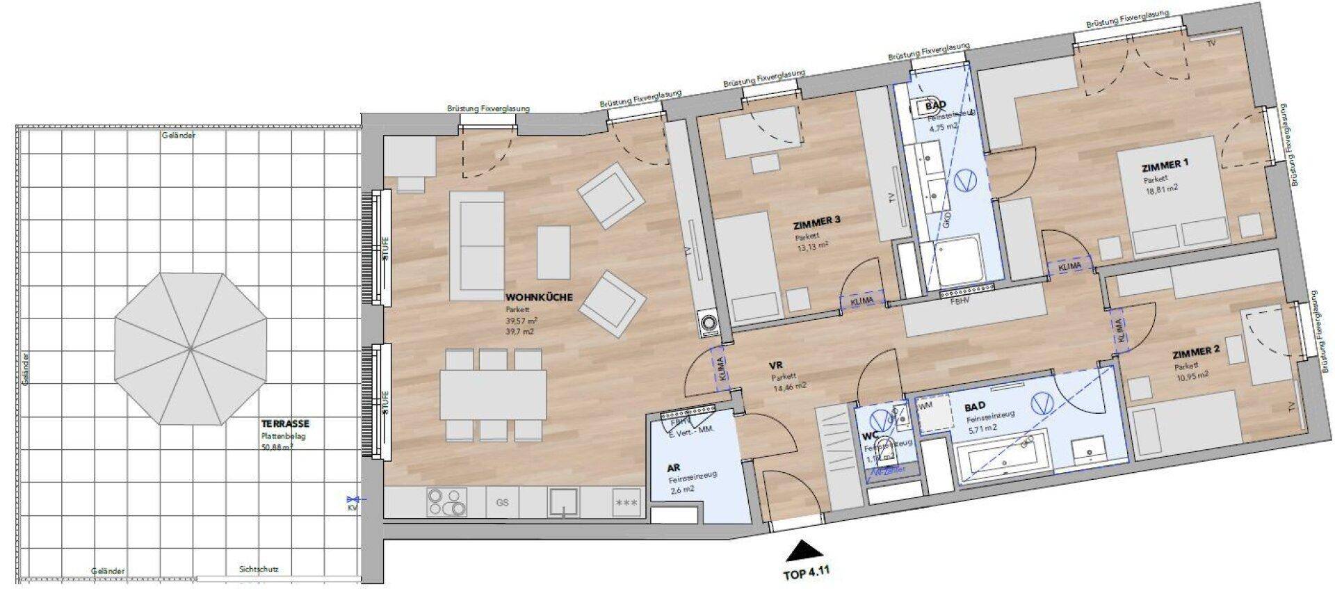Übersichtlicher Grundriss der Wohnung mit großer Terrasse, Wohnküche und zwei Bädern.