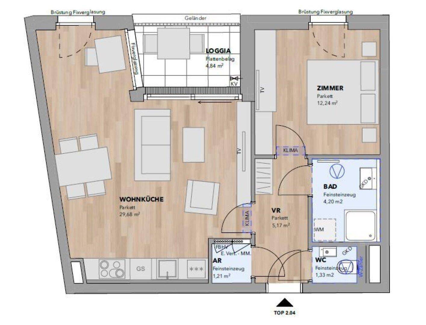 Klarer Grundriss der Wohnung TOP 2.04 mit Wohnküche, Schlafzimmer, Bad und Loggia.
