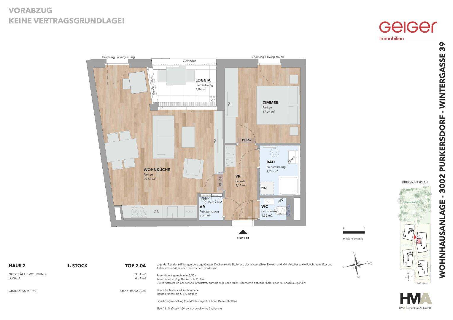 Detaillierter Grundriss der Wohnung TOP 2.04 mit Raummaßen und Beschriftungen.