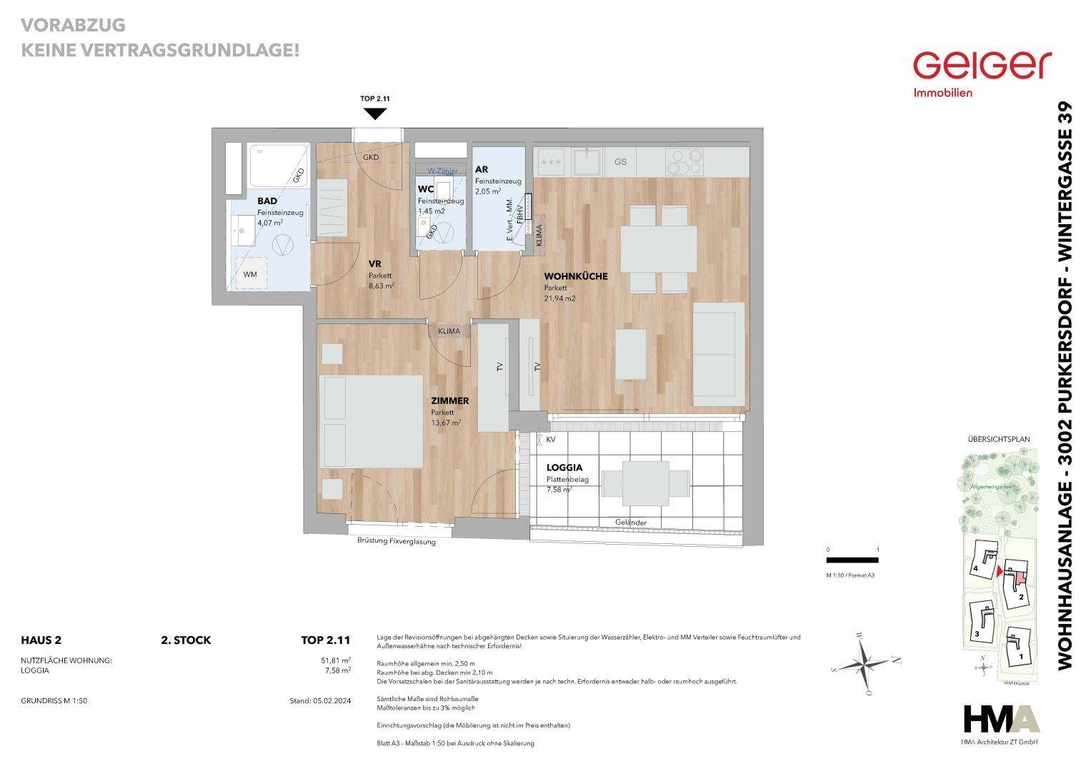 Detaillierter Grundriss einer Wohnung mit Wohnküche, Schlafzimmer, Bad und Loggia.