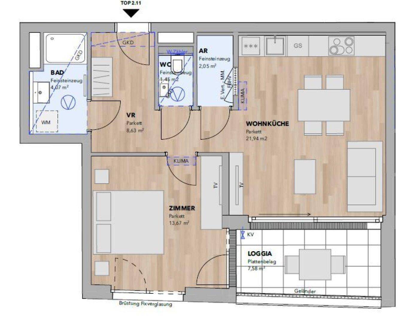 Übersichtlicher Grundriss einer Wohnung mit Wohnküche, Schlafzimmer, Bad und Loggia.
