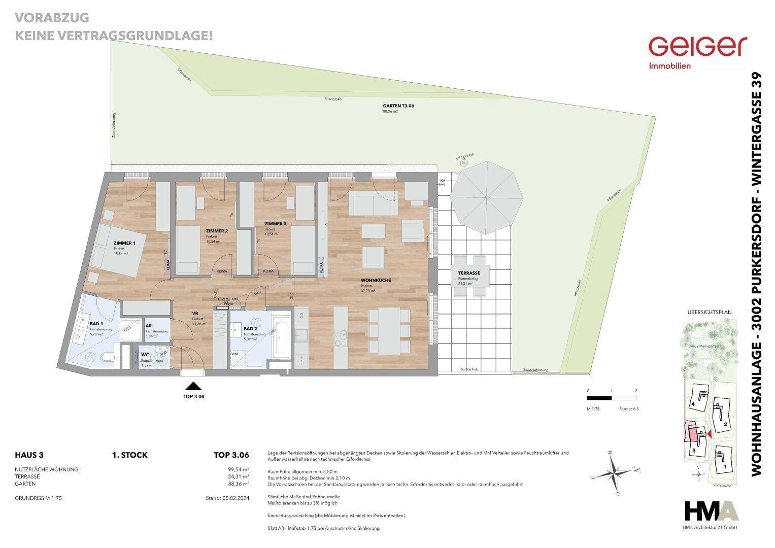 Grundriss einer Wohnung mit drei Zimmern, offener Wohnküche, zwei Bädern, Terrasse und Garten.