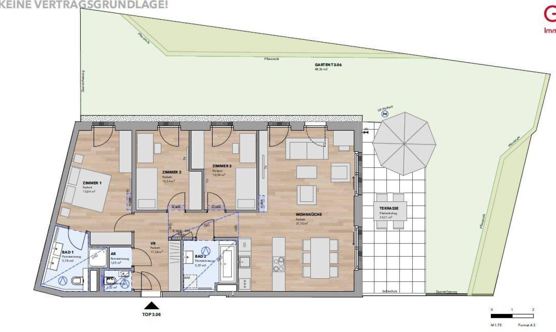 Detaillierter Grundriss einer Erdgeschosswohnung mit großzügiger Terrasse und privatem Gartenbereich.