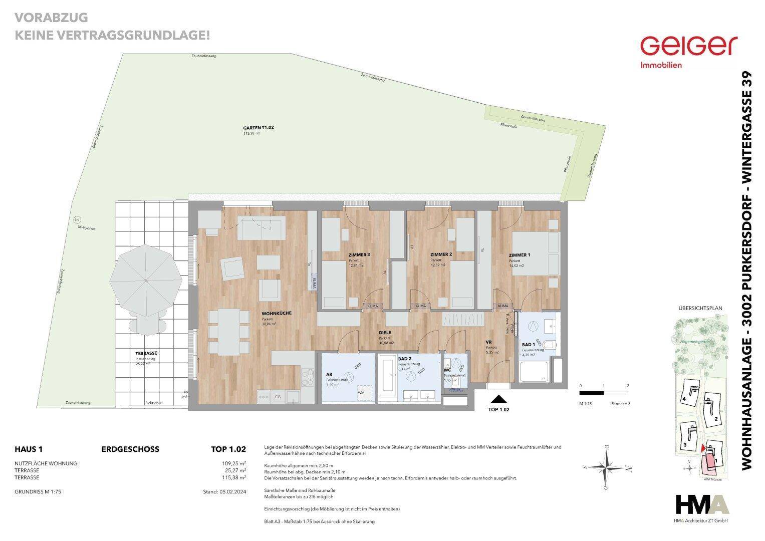 Detaillierter Grundriss für Haus 1, Erdgeschoss, Top 1.02, mit Terrasse und Gartenbereich.