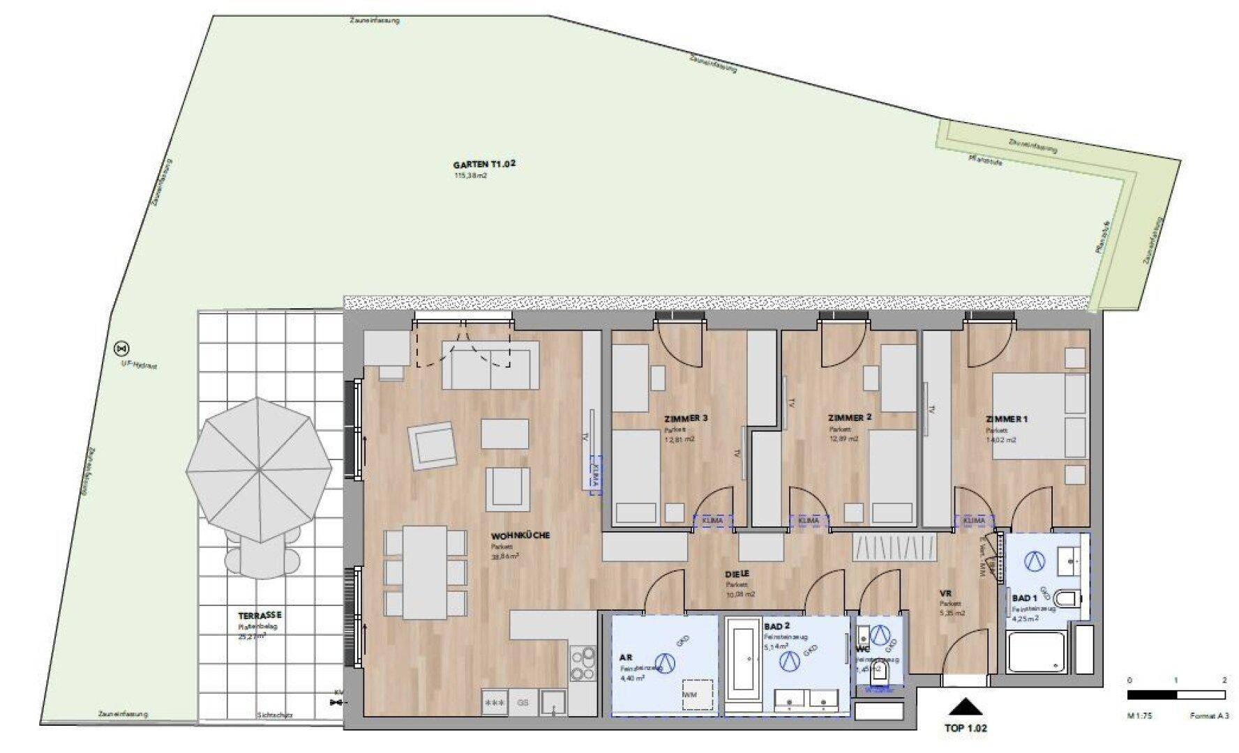 Grundriss für Top 1.02 im Erdgeschoss mit großzügiger Terrasse und privatem Gartenanteil.