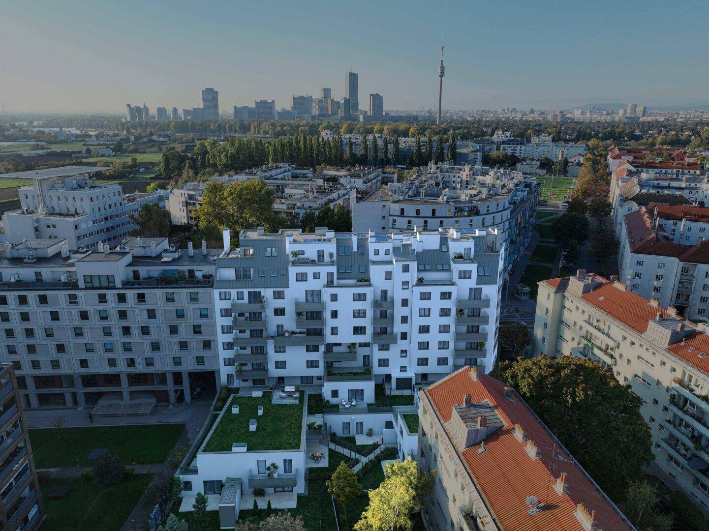 Luftaufnahme des Wohnkomplexes in der Stadt mit Blick auf die Skyline und umliegende Gebäude.