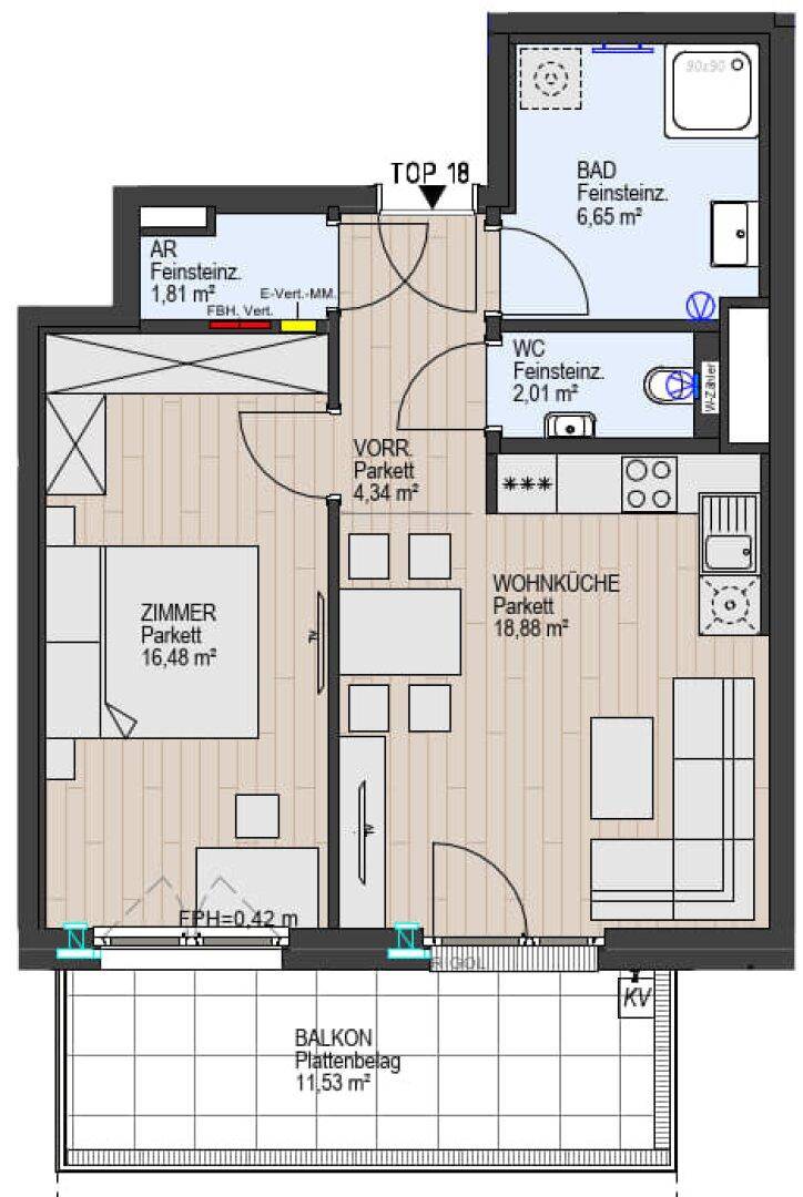 Nahaufnahme des Grundrisses von TOP 18 mit Wohnküche, Schlafzimmer und Bad.