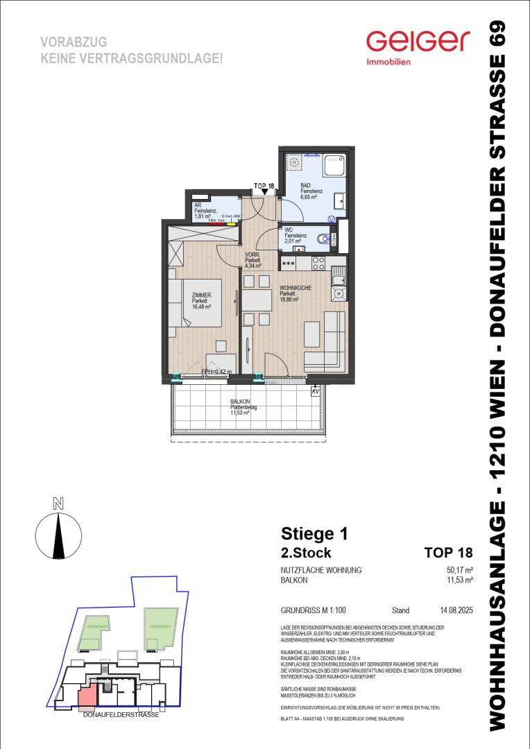 Detaillierter Grundriss der Wohnung TOP 18 mit einem Schlafzimmer und Balkon.