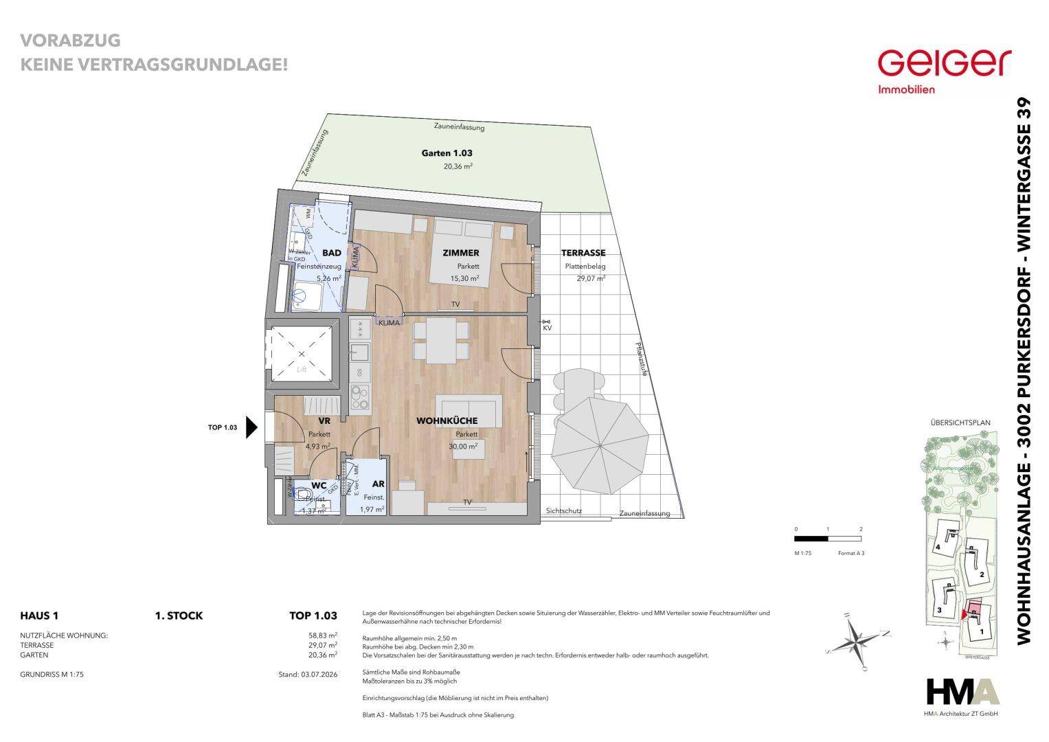 Detaillierter Grundriss einer Wohnung mit Wohnküche, Zimmer, Bad, WC, Terrasse und Garten.