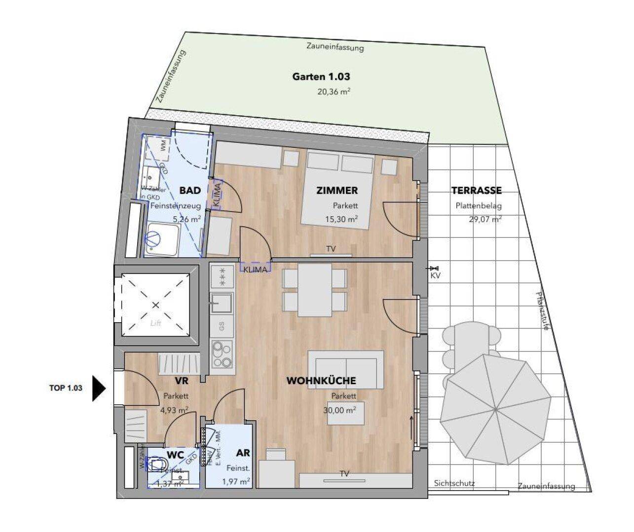 Detaillierter Grundriss einer Wohnung mit Wohnküche, Zimmer, Bad, WC, Terrasse und Garten.