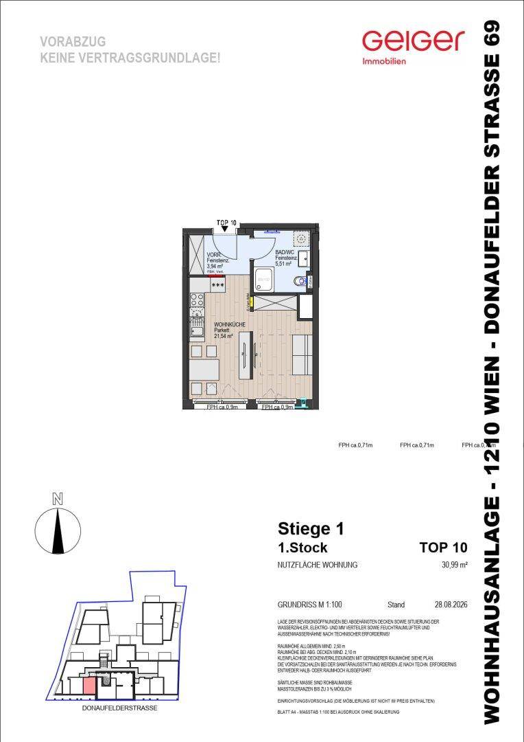 Detaillierter Grundriss einer kompakten Wohnung im ersten Stock mit offener Wohnküche und modernem Badezimmer.