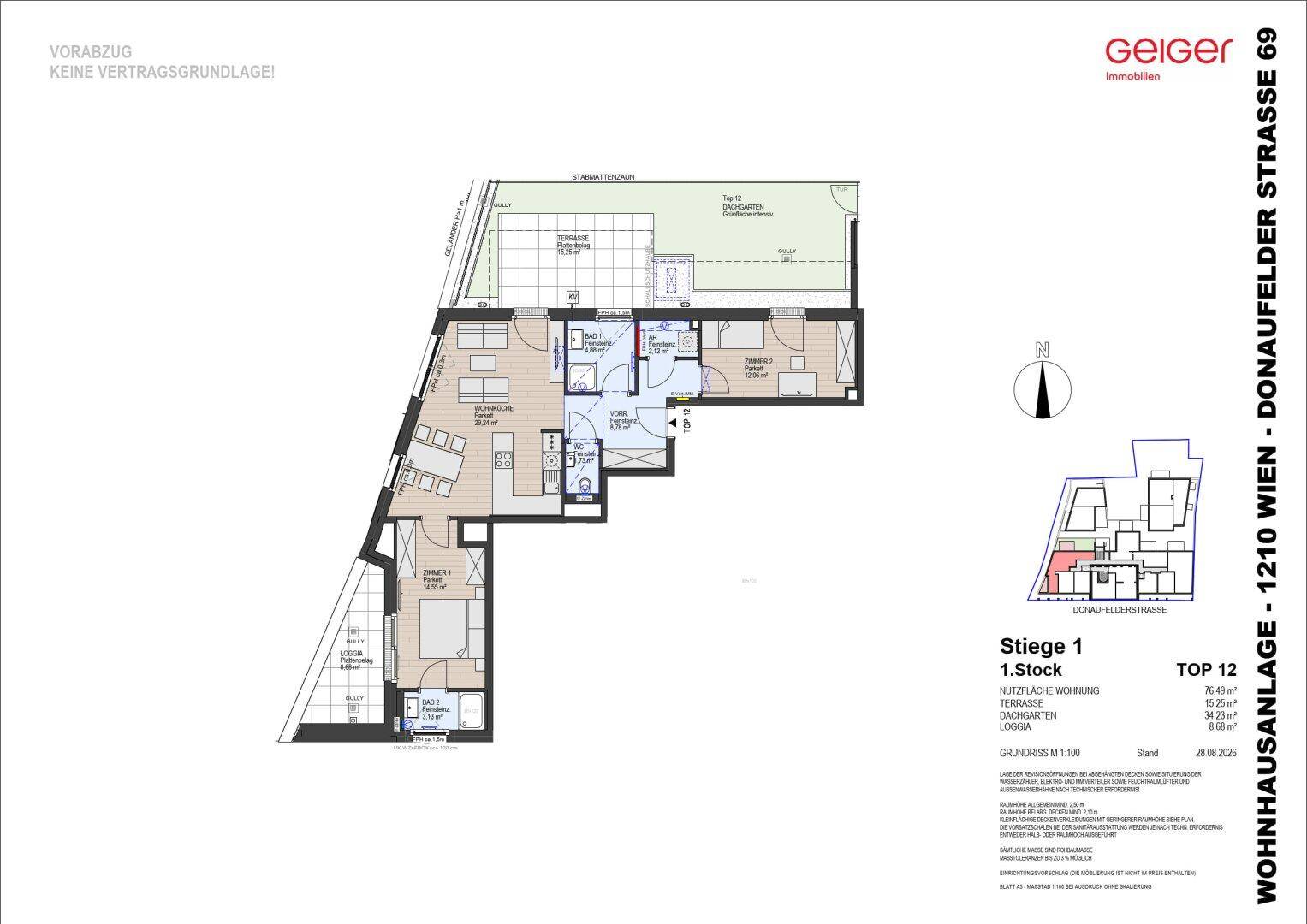 Grundriss einer Wohnung im ersten Stock mit offenem Wohnbereich, drei Schlafzimmern, zwei Bädern, einer Loggia, Terrasse und Dachgarten.