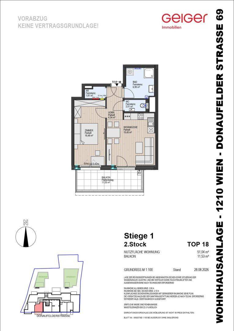 Grundriss einer Wohnung mit offenem Wohn-Essbereich, Schlafzimmer, separatem WC und Balkon.