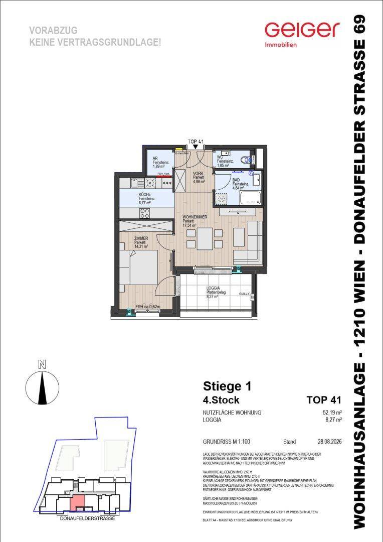 Grundriss einer Wohnung mit Wohnzimmer, Schlafzimmer, Küche, Bad und Loggia im 4. Stock.