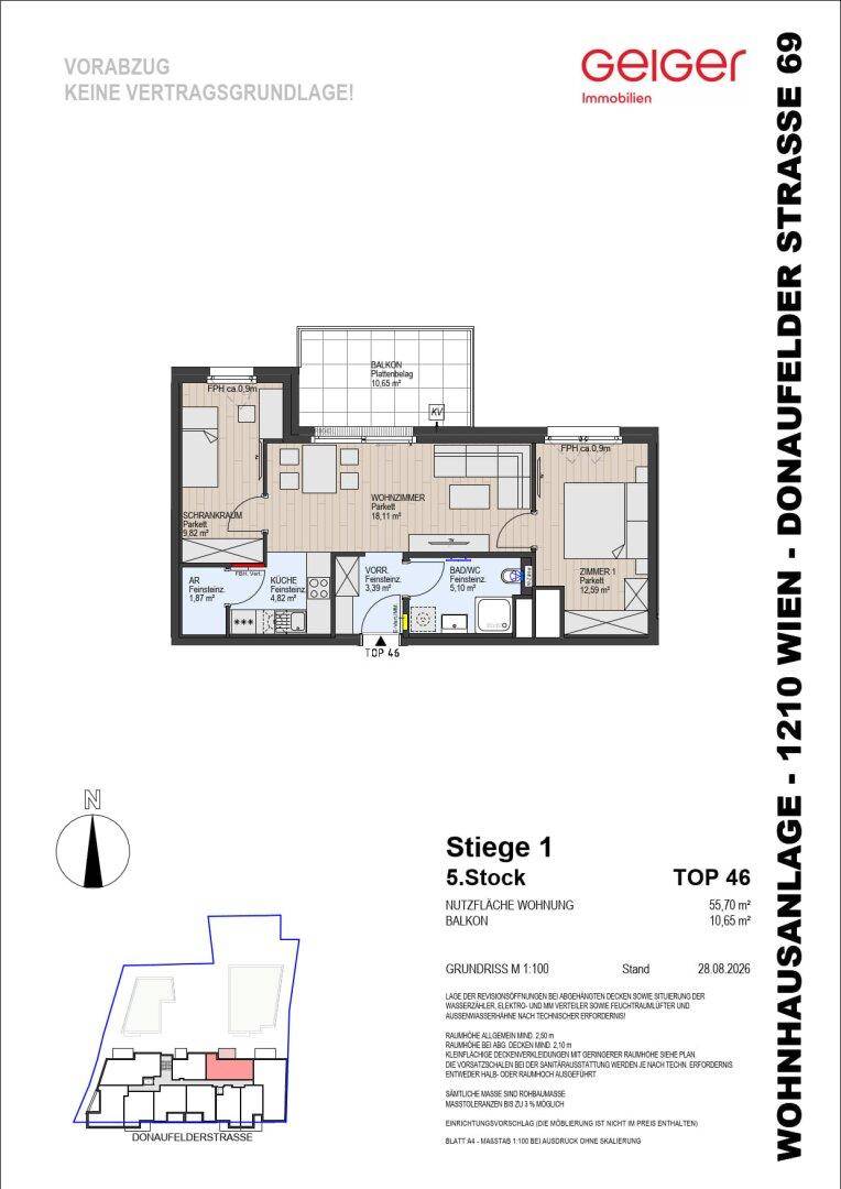 Grundriss einer Wohnung im 5. Stock mit zwei Schlafzimmern, einem Badezimmer und einem Balkon.