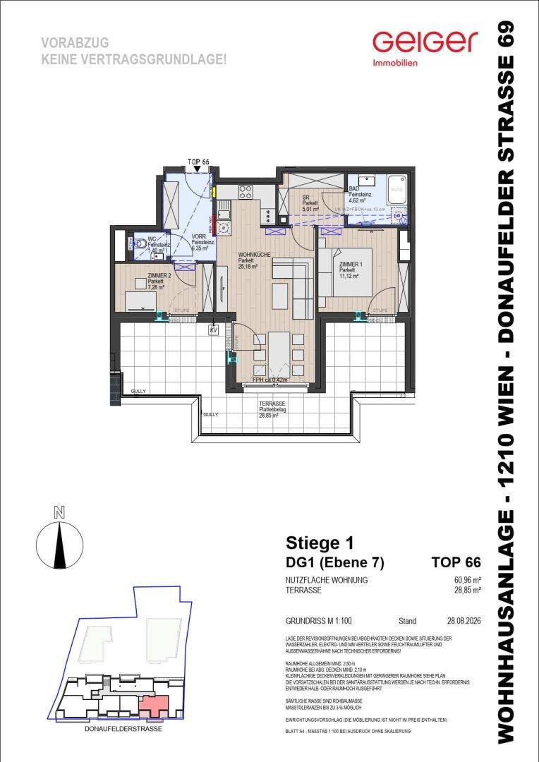 Grundriss einer modernen Wohnung mit offener Wohnküche, zwei Schlafzimmern und einer großzügigen Terrasse.