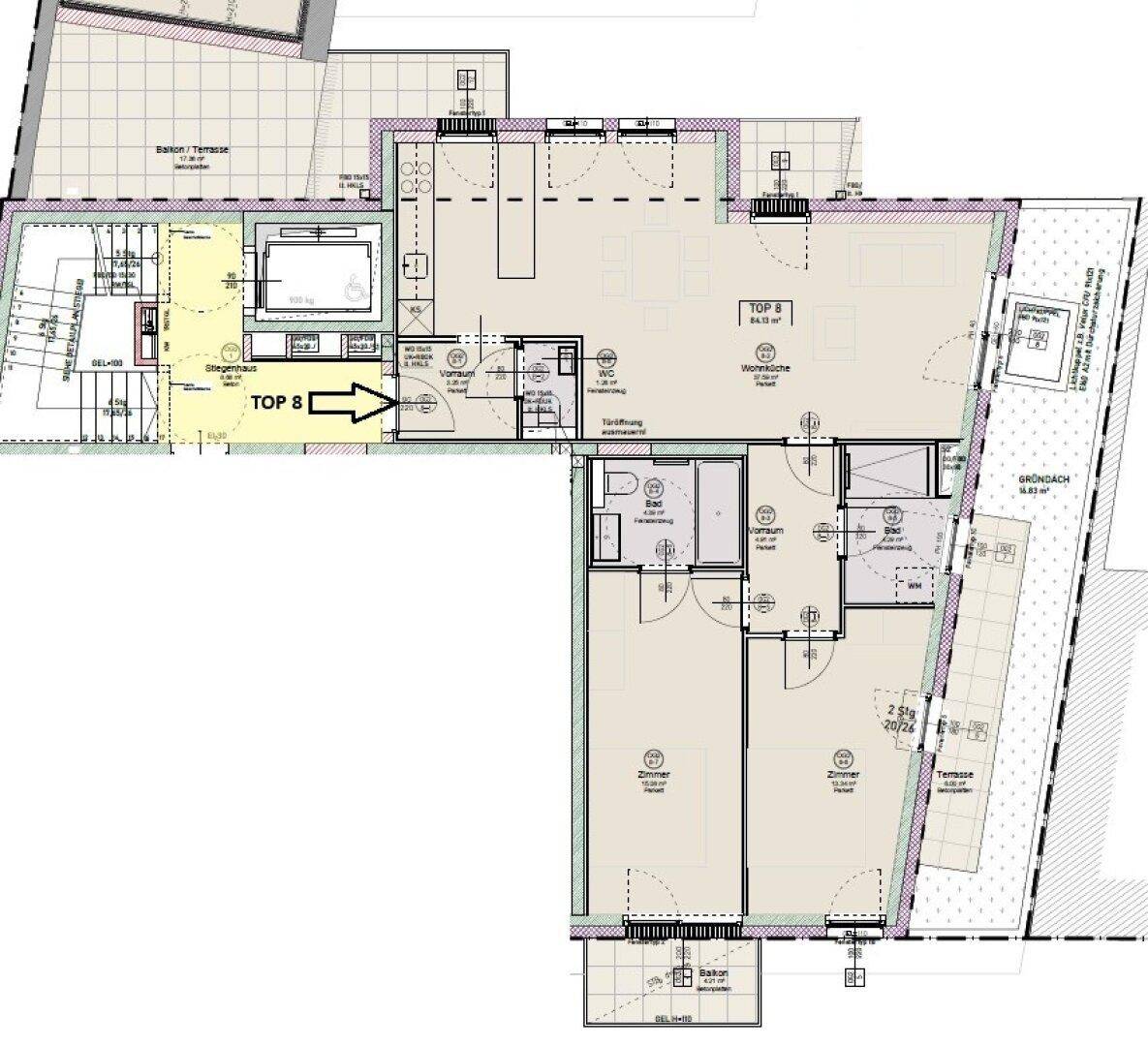 Detaillierter Grundriss einer Wohnung mit mehreren Zimmern, Balkon und Terrasse.