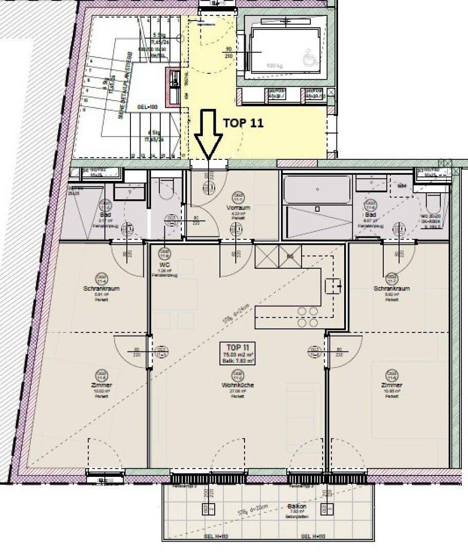 Detaillierter Grundriss der Wohnung "TOP 11" mit Balkon und mehreren Zimmern.