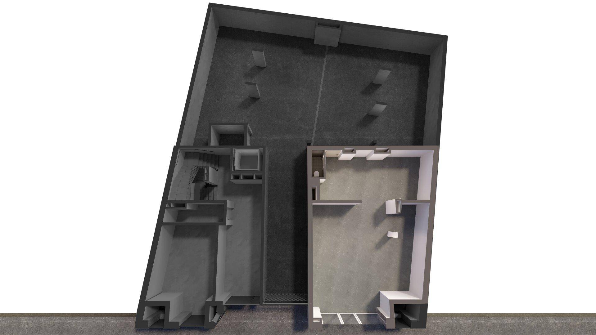 Dreidimensionale Darstellung eines Grundrisses mit verschiedenen Räumen und einem Badezimmer.