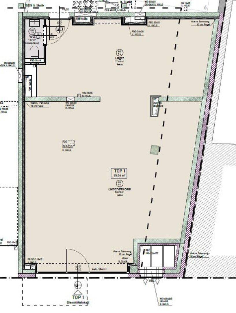 Grundriss eines Geschäftslokals mit Lagerraum und separaten Toilettenbereichen.