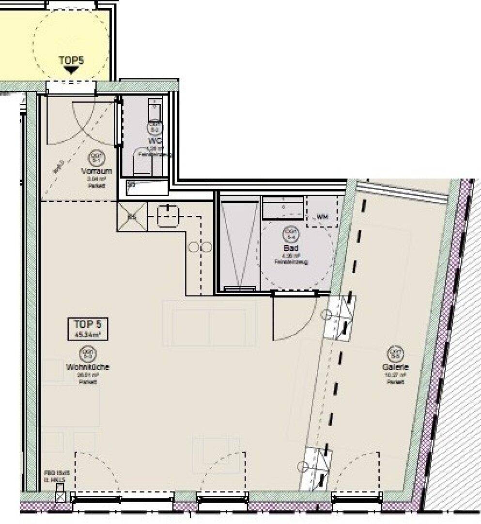Grundriss einer Wohnung mit offener Wohnküche, Bad, separatem WC und Galeriebereich.