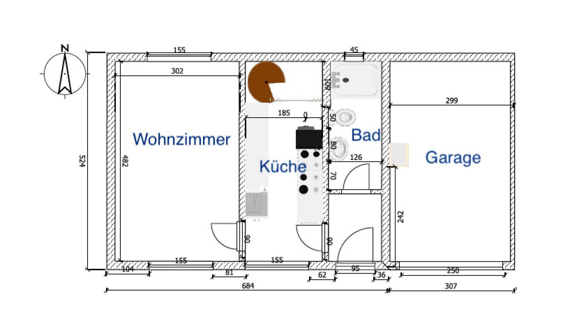 Detaillierter Grundriss mit Wohnzimmer, Küche, Bad und integrierter Garage.