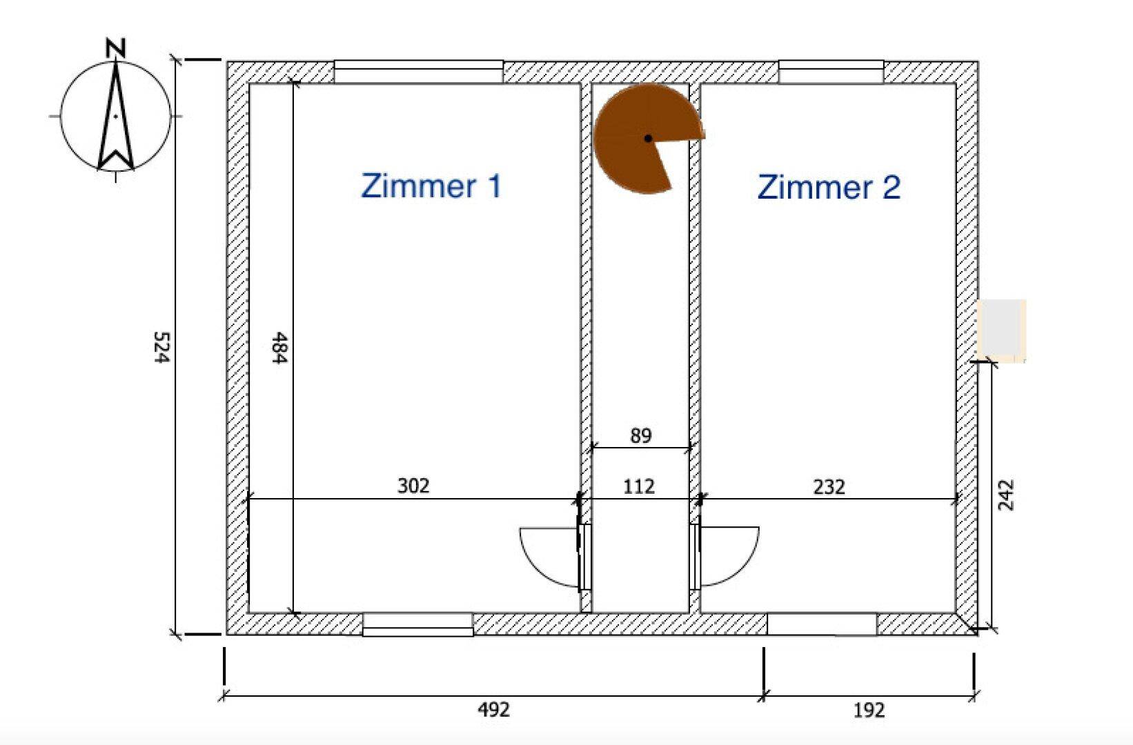 Grundrissplan mit zwei Zimmern und Maßangaben für die Raumaufteilung.