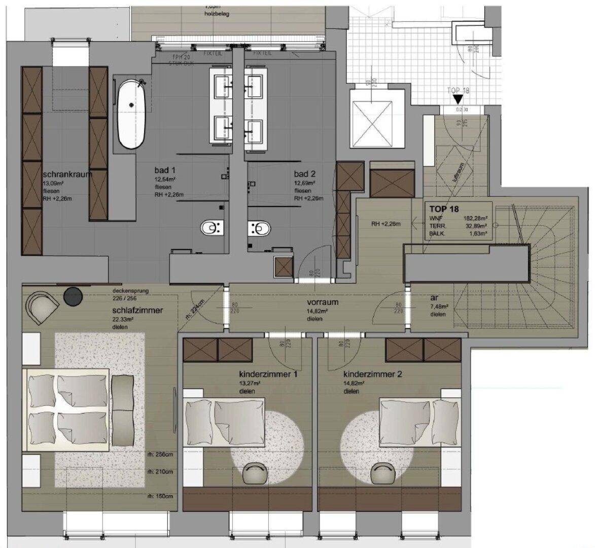 Detaillierter Grundriss einer Etage mit mehreren Schlafzimmern, Bädern und einem begehbaren Kleiderschrank.