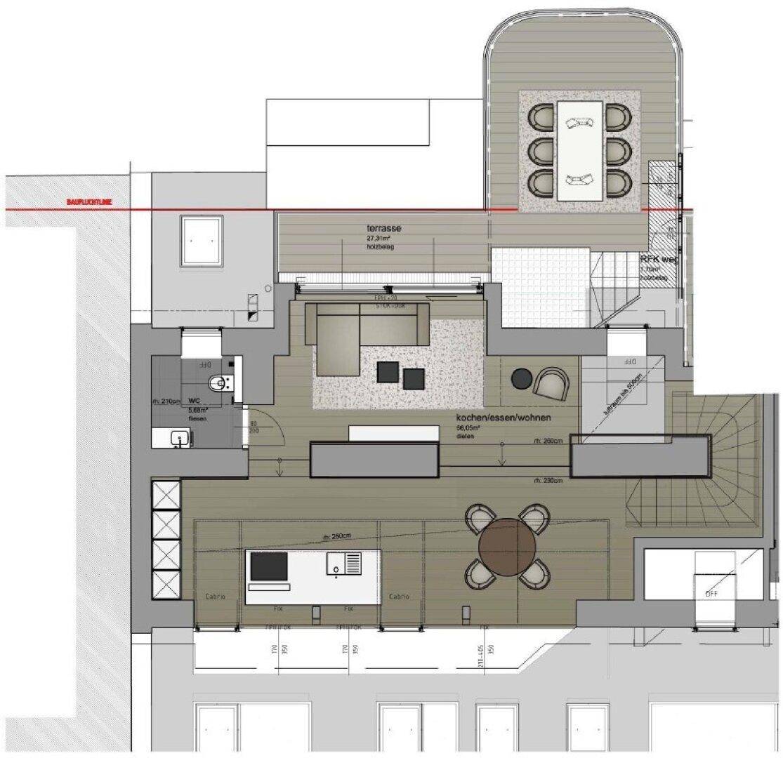 Grundriss der Wohnetage mit offener Küche, Ess- und Wohnbereich sowie einer großen Terrasse.