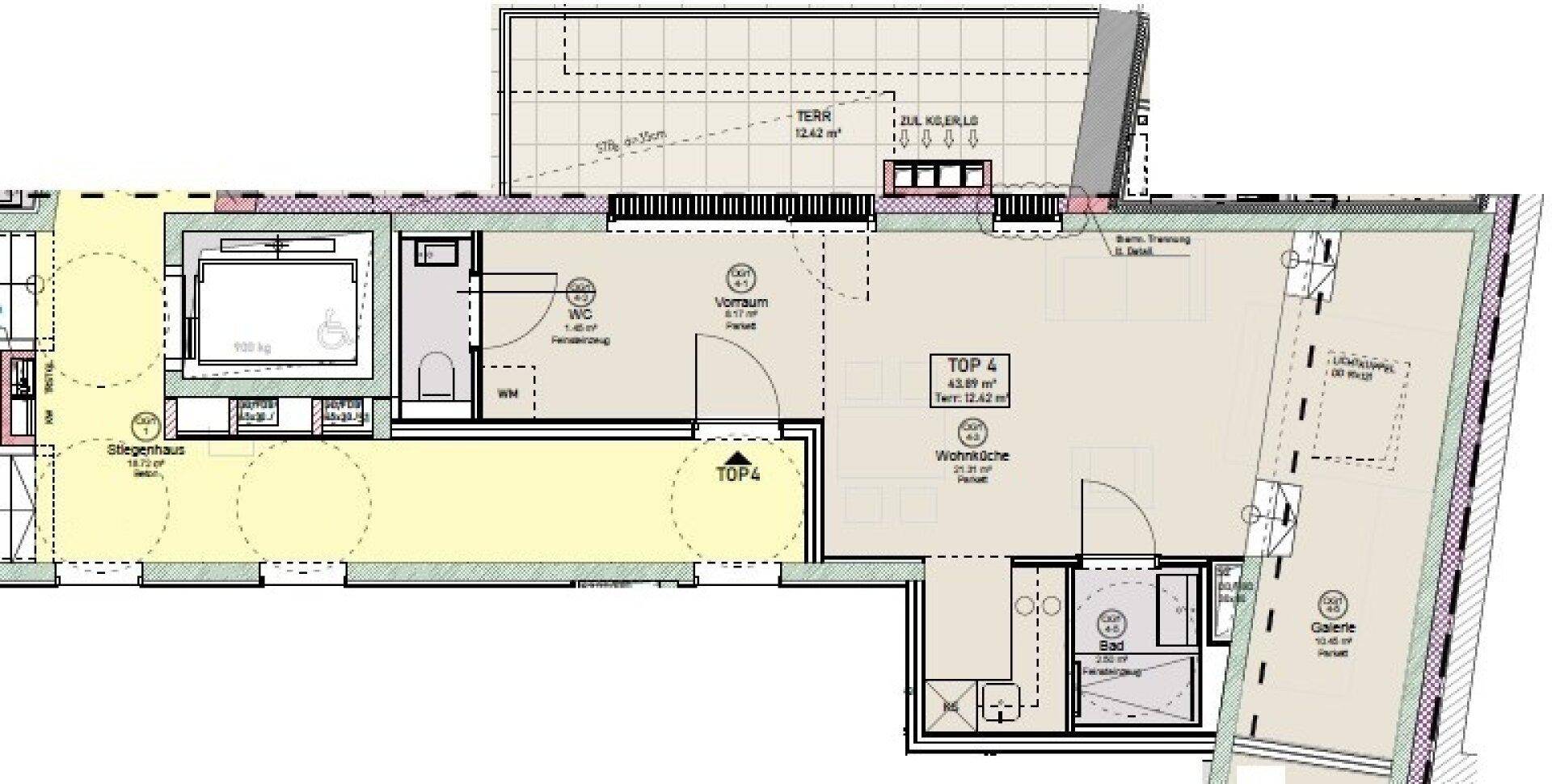 Grundriss einer Wohnung mit offener Wohnküche, separatem WC, Bad und großer Terrasse.