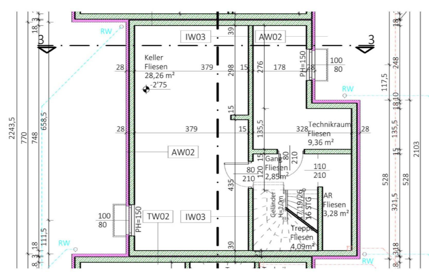 Grundriss des Kellergeschosses mit Technikraum und Abstellflächen.