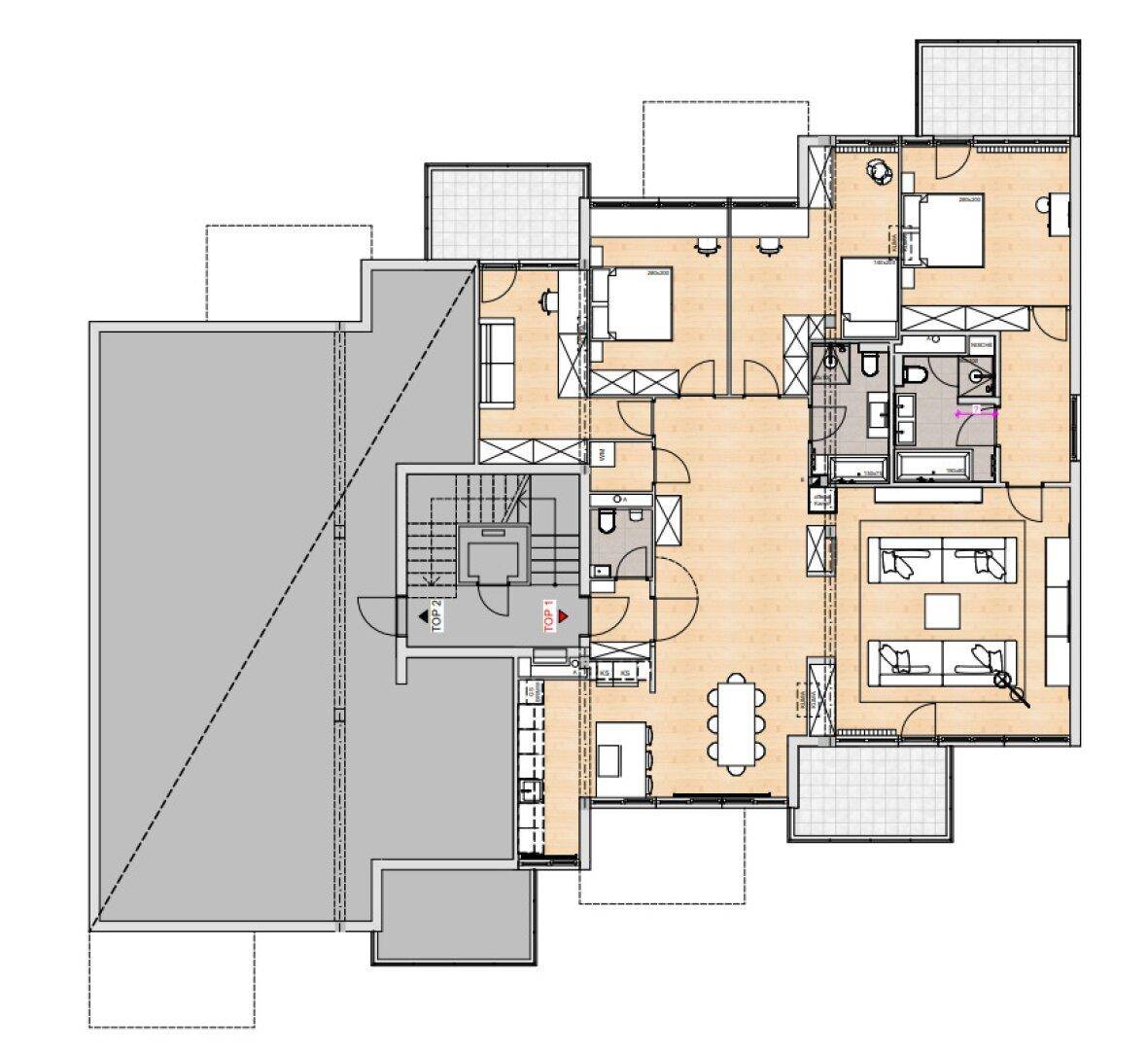 Detaillierter Grundriss der Wohnung mit mehreren Zimmern und Balkonen.