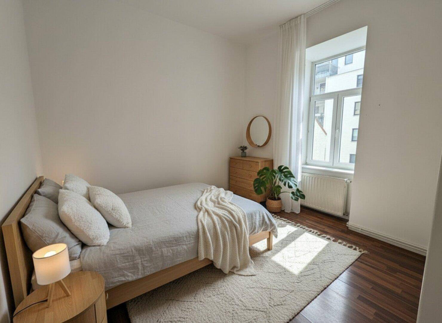 Helles Schlafzimmer mit Holzbett, Teppich, dunklem Holzboden und einem großen Fenster.