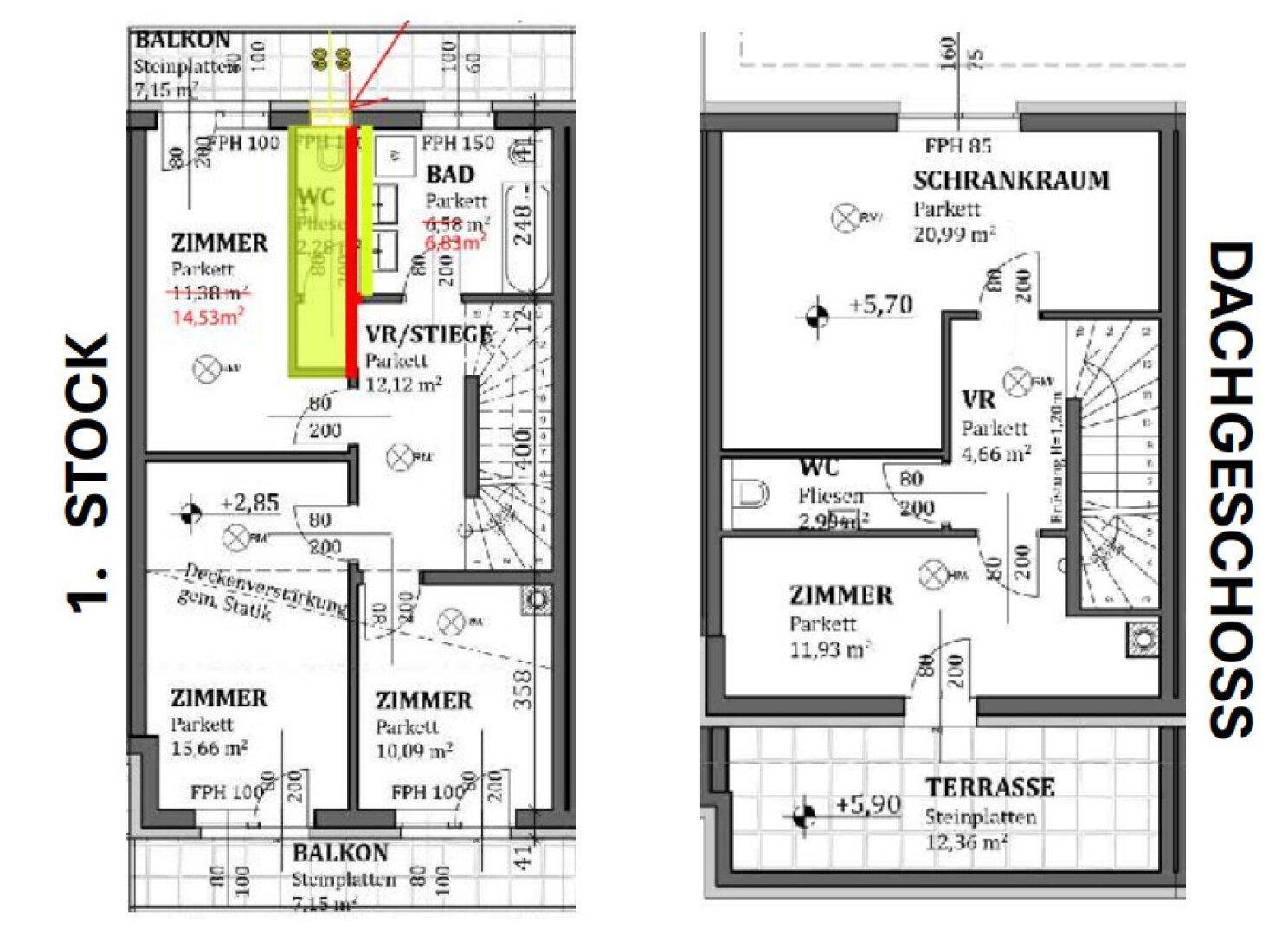 Grundriss des ersten Stocks und Dachgeschosses mit Schlafzimmern und Bädern.