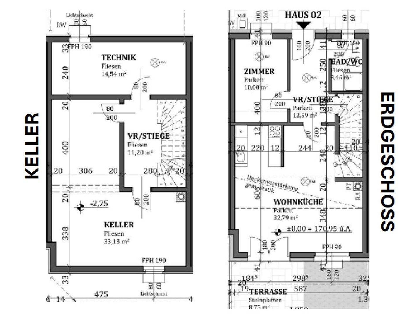 Grundriss des Kellers und Erdgeschosses mit Technikraum und Wohnküche.