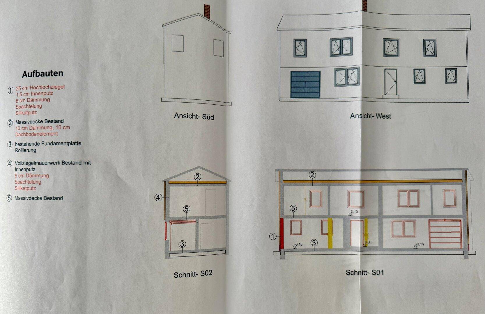 Architektonische Ansichten und Schnitte des Gebäudes mit Details zur Konstruktion.