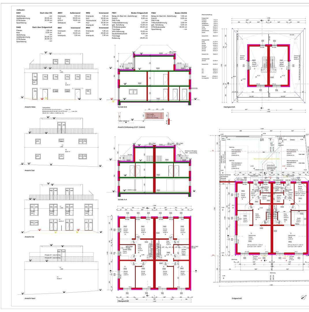 Detaillierte architektonische Pläne mit Grundrissen und Ansichten des Gebäudes.