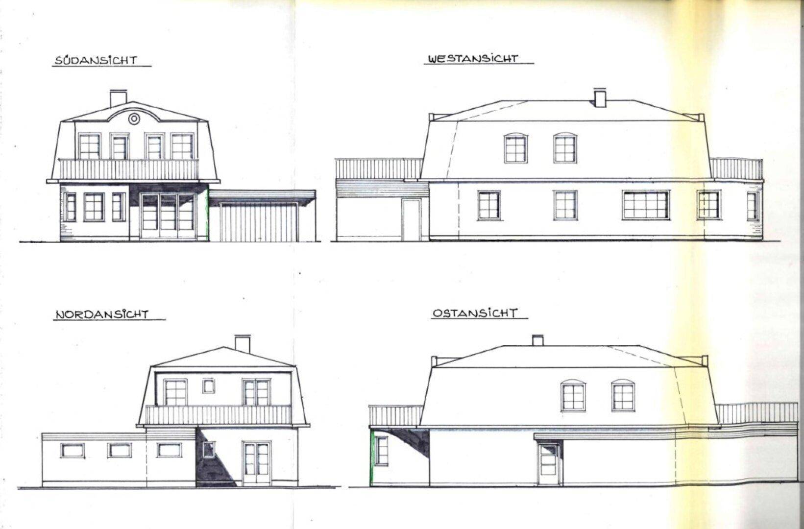 Architektonische Ansichten des Gebäudes von Süden, Westen, Norden und Osten.