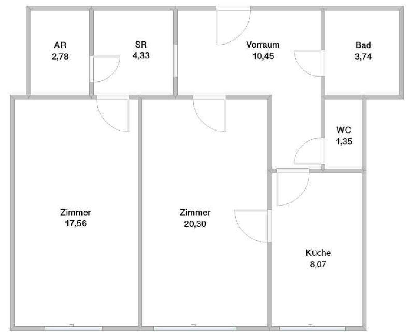 Grundriss der Wohnung mit Zimmern, Bad, WC und Vorraum.