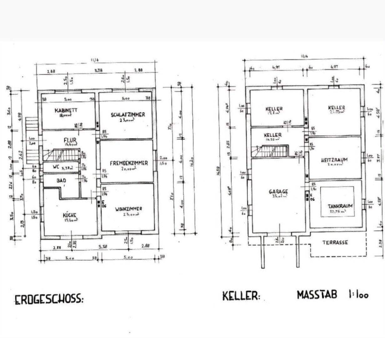 Grundriss des Erdgeschosses und Kellers mit Raumaufteilung und Maßen.