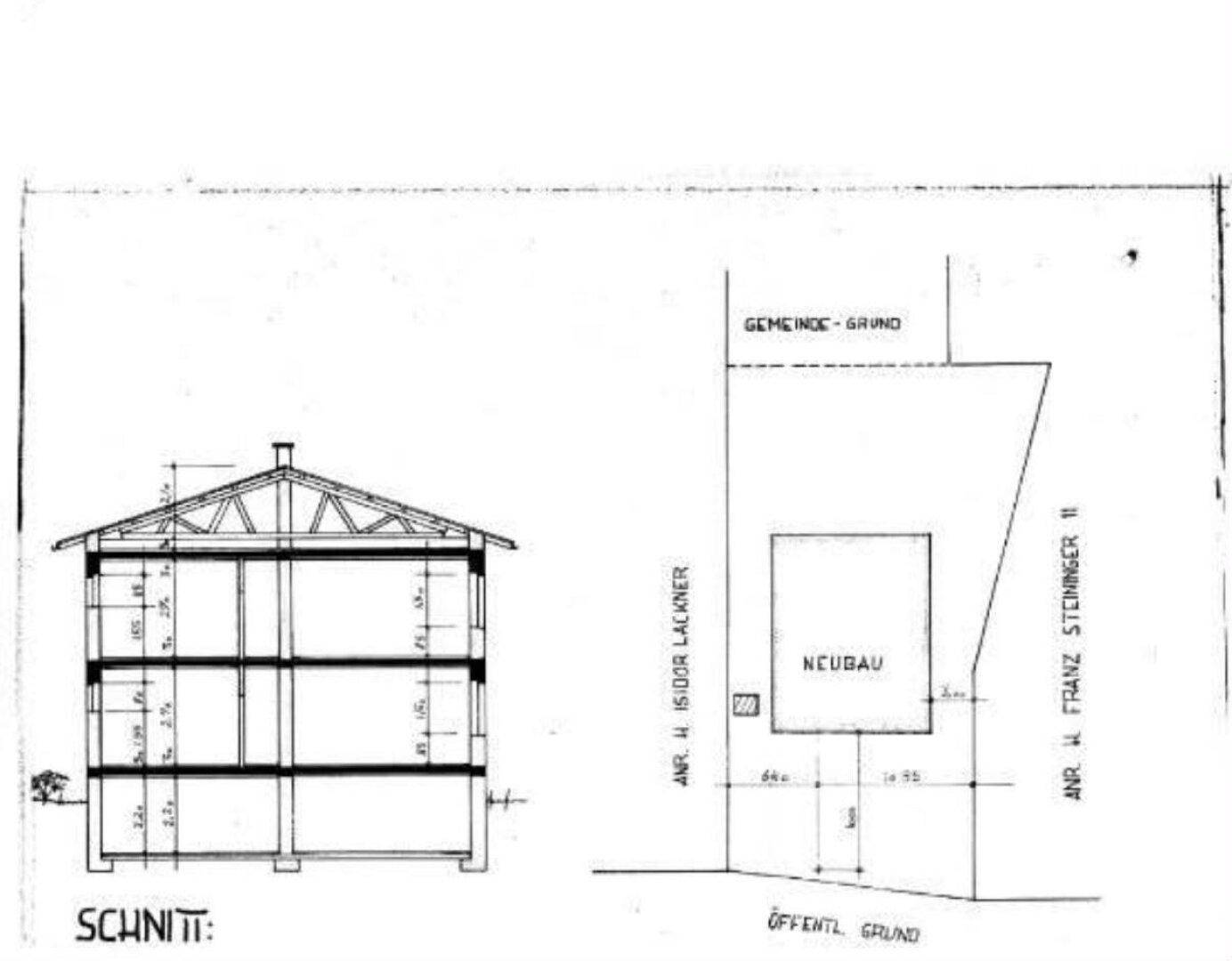 Architektonische Zeichnung mit Gebäudeschnitt und Lageplan des Neubaus.