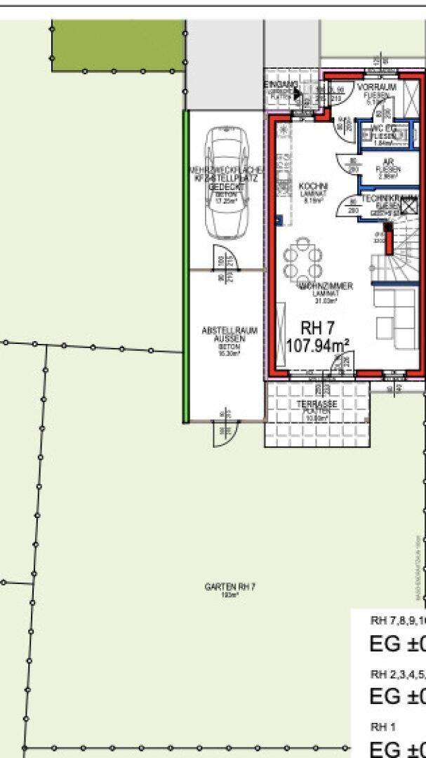 Grundriss des Erdgeschosses mit Wohnbereich, Küche, Terrasse und Garten.